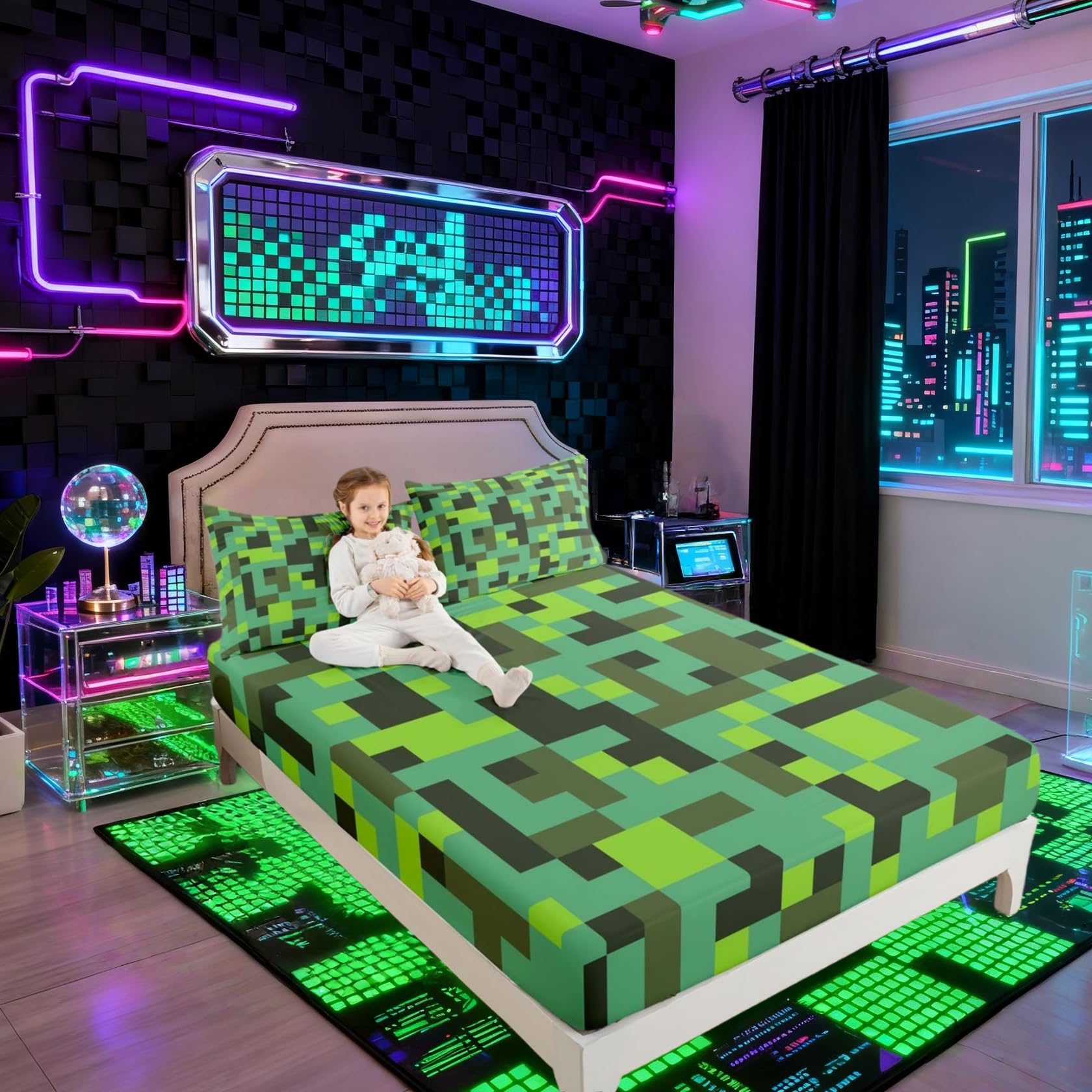 Pixel Grid Miners Kids Twin Size Fitted Sheet,Geometric Grid Patchwork Pixelated Boys Girls Bed Sheets,Cartoon Gamepad Video Games Room Decor,Cyan Green Bedding Set,1 Pillowcase(No Flat)
