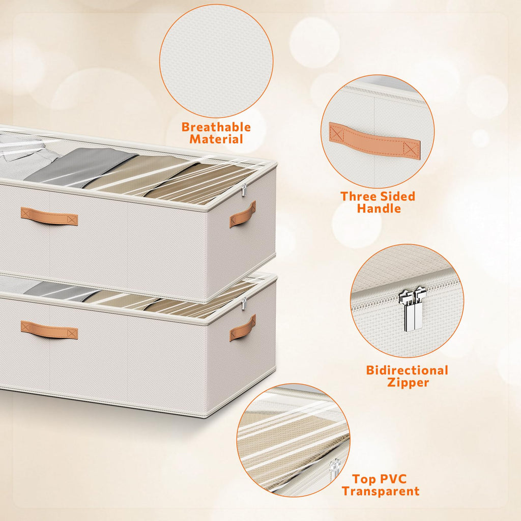 Chizjox 10inch 3 Pack Under Bed Storage Containers, 10 Inch Tall Underbed Clothes Storage Organizer Bin with Clear Window，Foldable Box Basket for Clothes, Closet, Bed Sheets and Blankets White