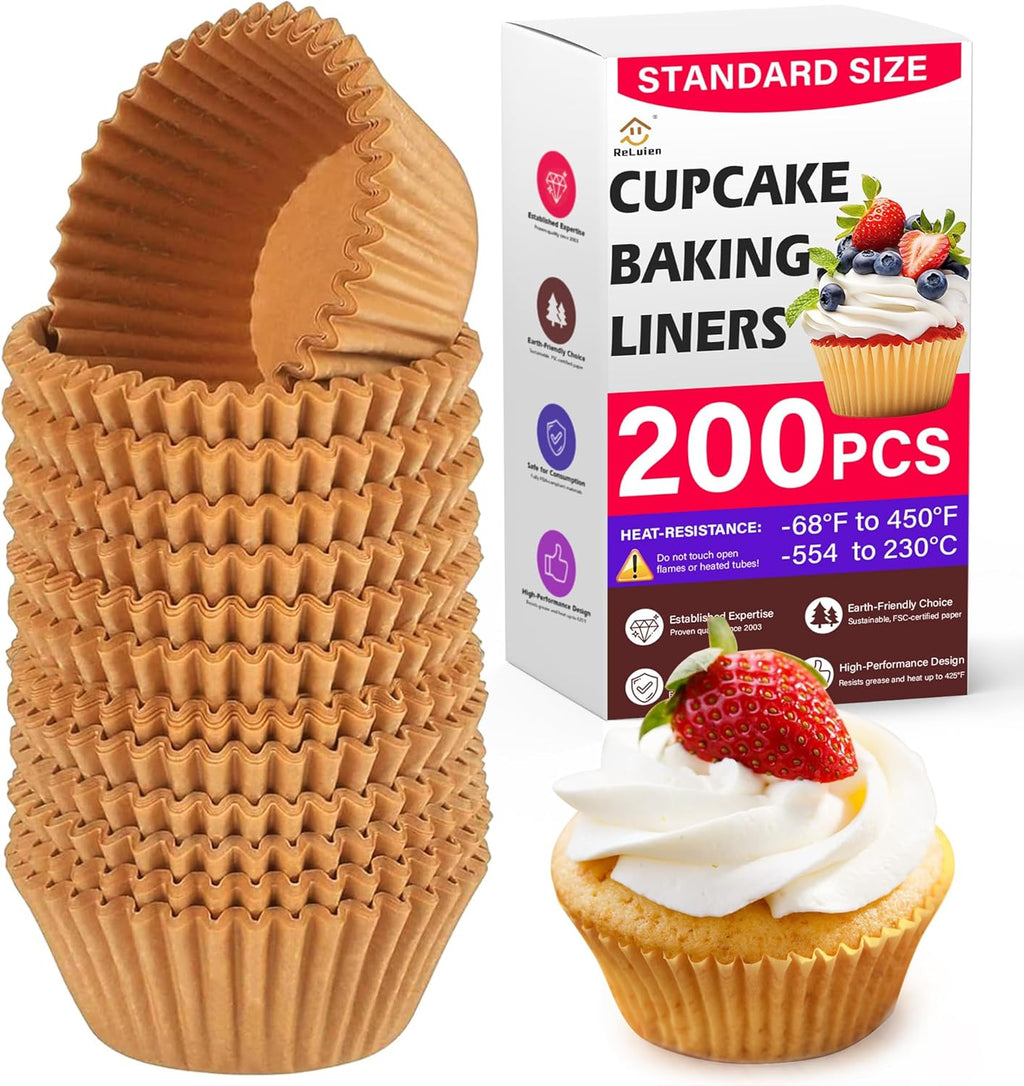 Standard Natural Cupcake Liners - 200 Pcs Greaseproof Parchment Baking Cups for Muffins & Treats