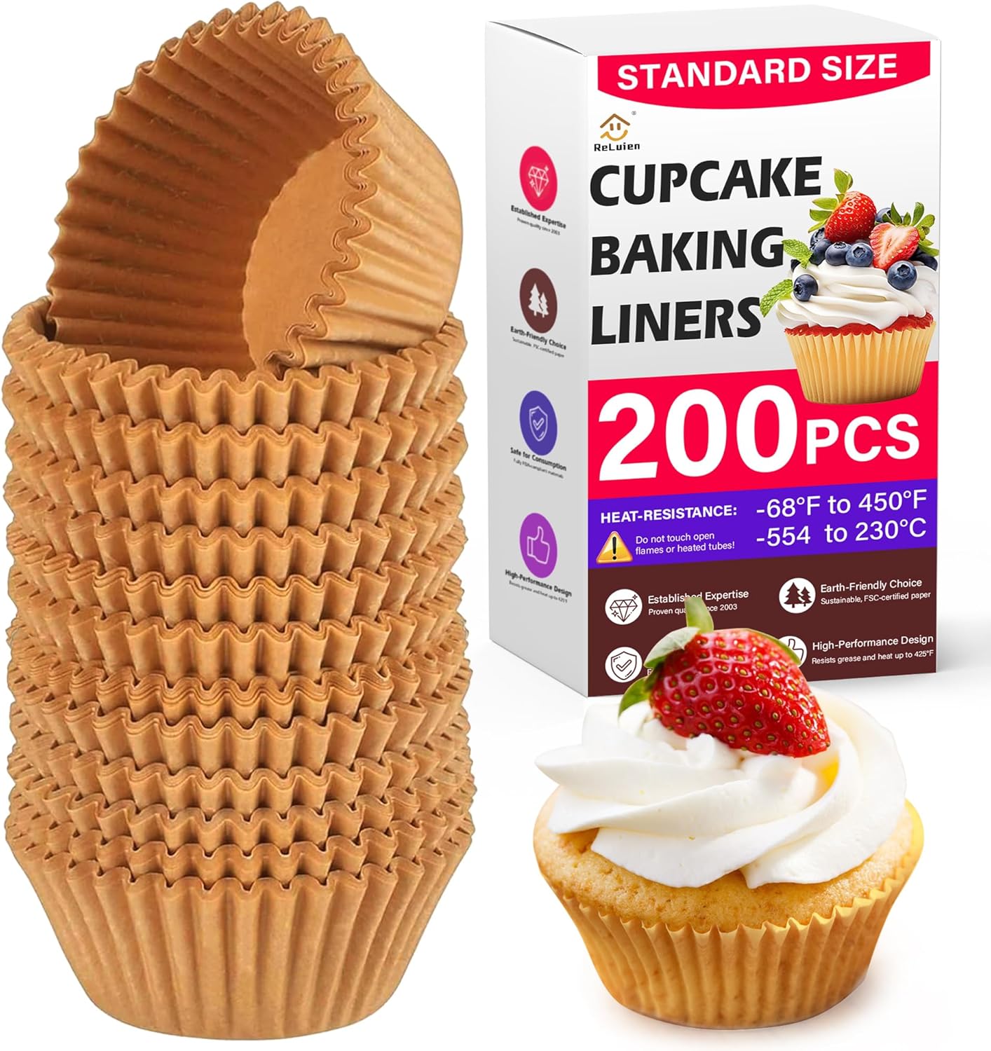 Standard Natural Cupcake Liners - 200 Pcs Greaseproof Parchment Baking Cups for Muffins & Treats