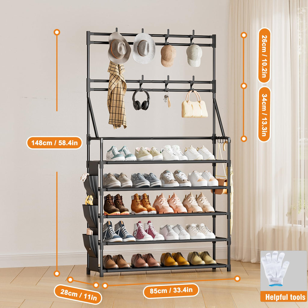 OYREL Shoe Rack 5 Tier Shoe Racks Organizer 20-25 Pairs Shoes Rack for Closet Entrance Shoe Storage Organizer with Hooks and Side Pocket Entryway Shoe Holder Space Saving Free Standing Shoe Racks