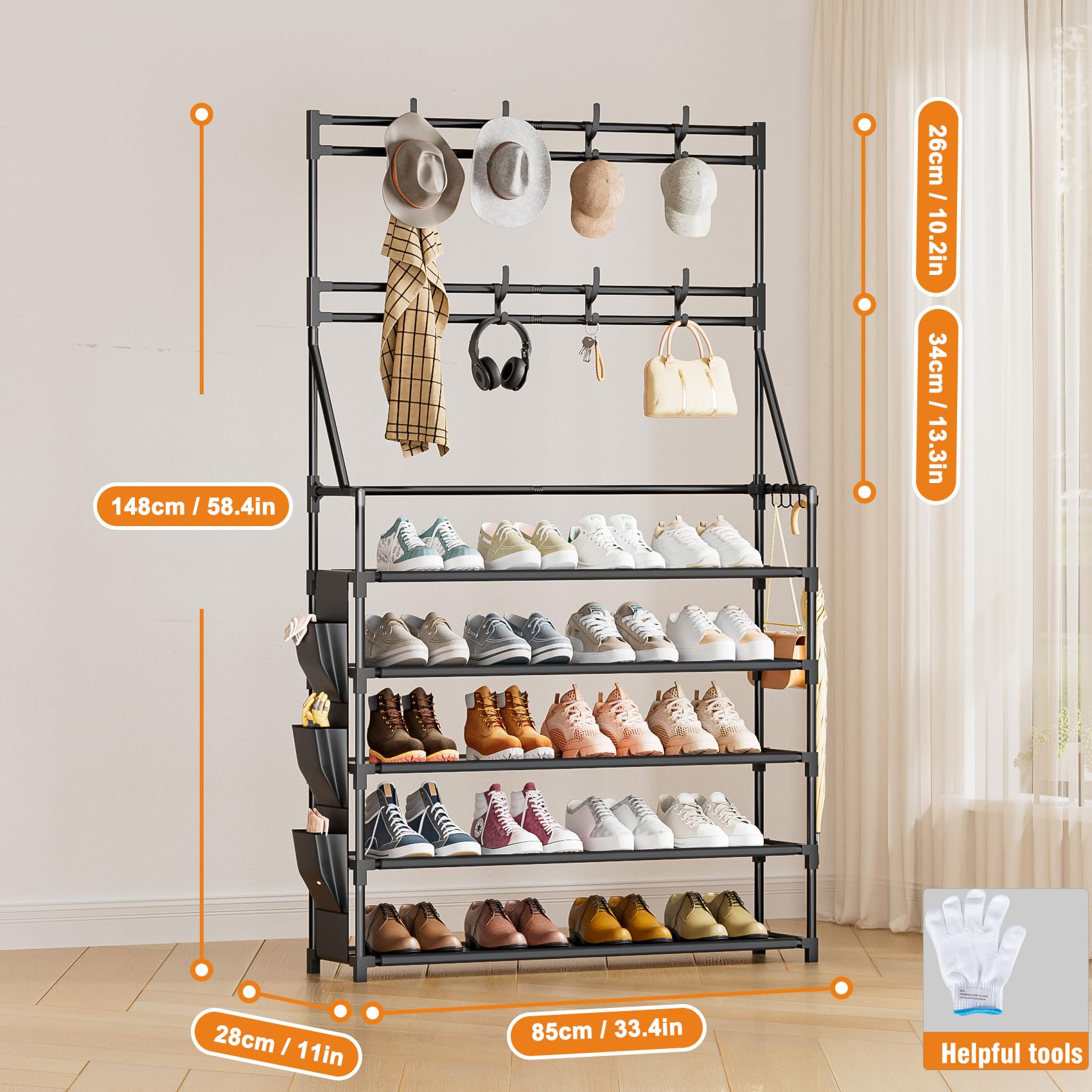 OYREL Shoe Rack 5 Tier Shoe Racks Organizer 20-25 Pairs Shoes Rack for Closet Entrance Shoe Storage Organizer with Hooks and Side Pocket Entryway Shoe Holder Space Saving Free Standing Shoe Racks