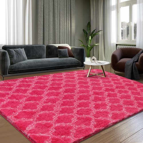 Puremy Shag Area Rug 5x7 Feet Extra Soft Rugs for Living Room, High Pile Indoor Carpet for Bedroom, Kids Room, Nursery, Home Decor, Geometric, Hot Pink/White