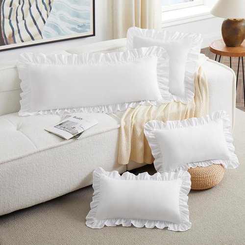 KKJIAF White Lumbar Pillow Cover - Soft Microfiber Ruffled Sham for Couch & Bed | 14x36 Inch
