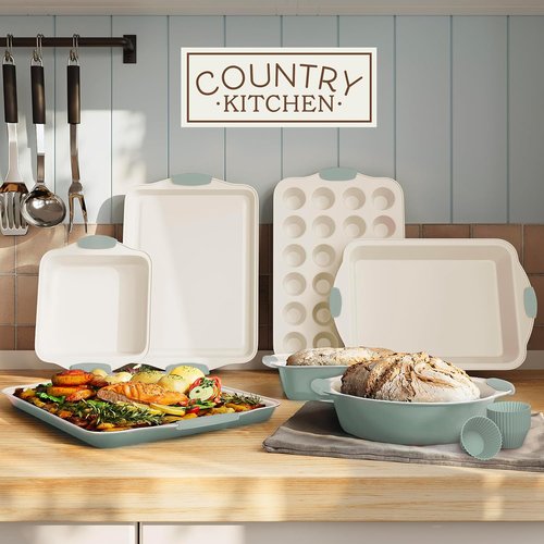 Country Kitchen Nonstick Bakeware Set - Durable 22-Piece Baking Set with Easy Release & Silicone Muffin Cups
