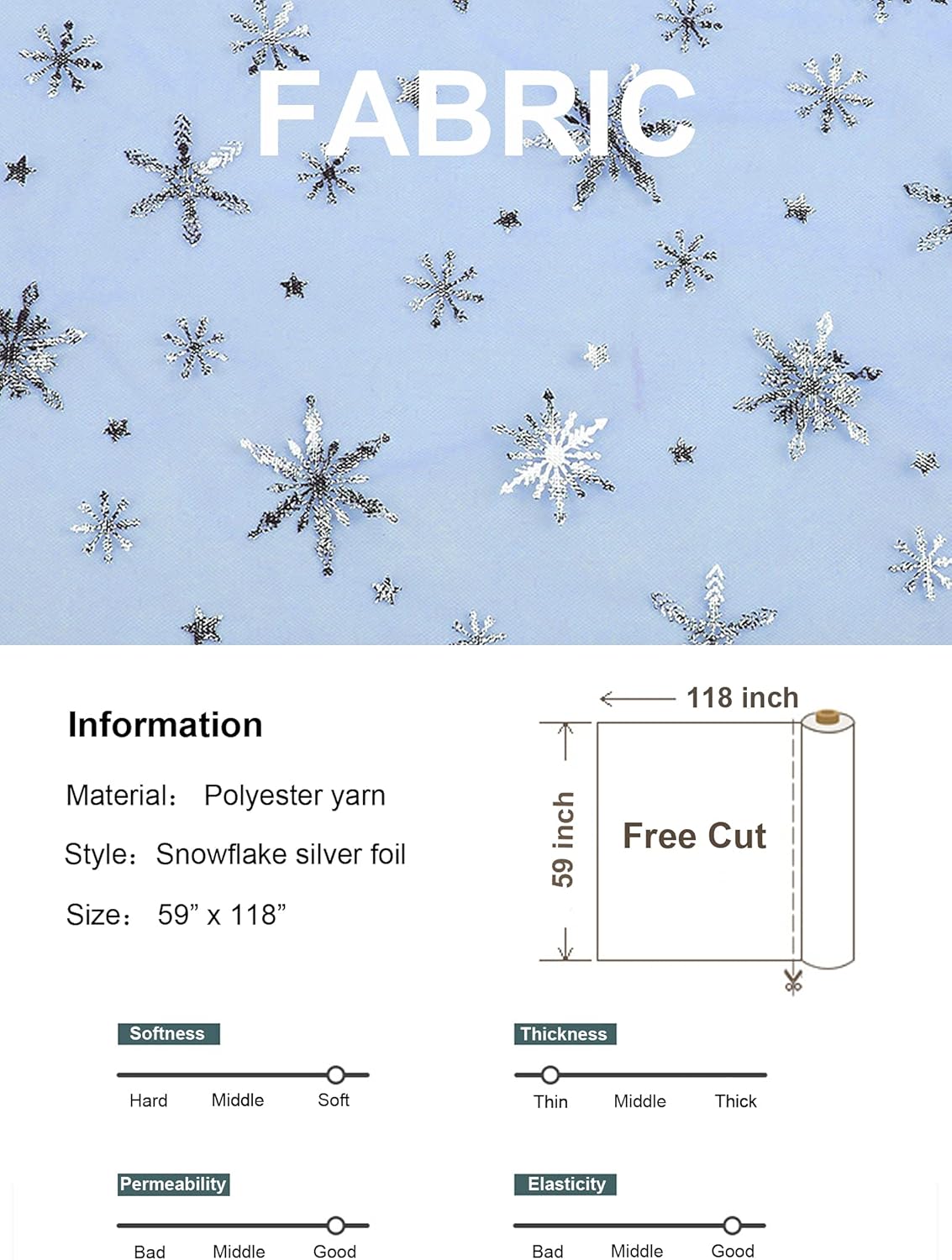 SUJAYU Snowflake Foil Organza Fabric - Sheer Tablecloth for Birthday & Christmas Decor (59" x 118", Blue)