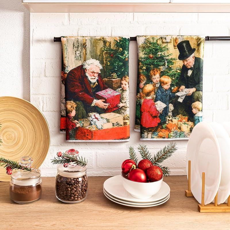 Fourluoo 8 Pcs Christmas Retro Kitchen Towels Set - Vintage Rustic Dish Towels (Variation: Retro)