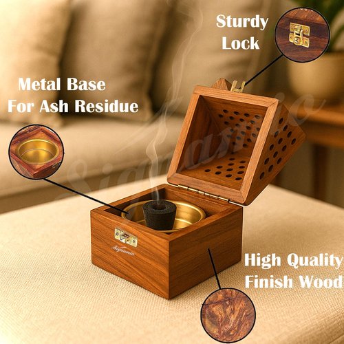 SIGNAMIO® Wooden sambrani Incense Dhoop Holder Stand Ash Catcher with Pyramid Shape for Pooja and Meditation (Pack of 1)