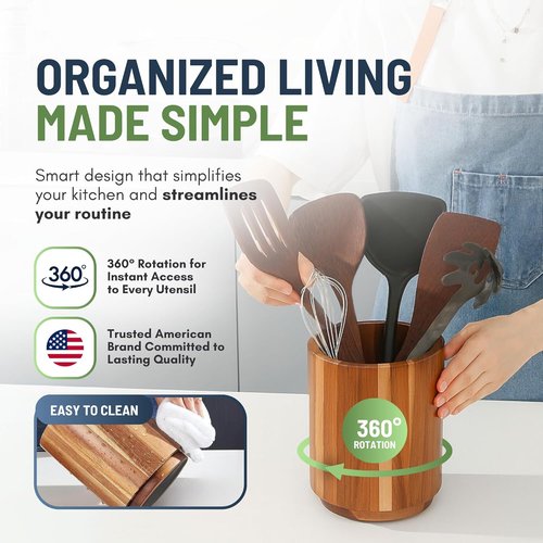 Linda's Essentials Acacia Wooden Utensil Holder - 360° Rotating Non-Slip Design | 7.2" Kitchen Organizer
