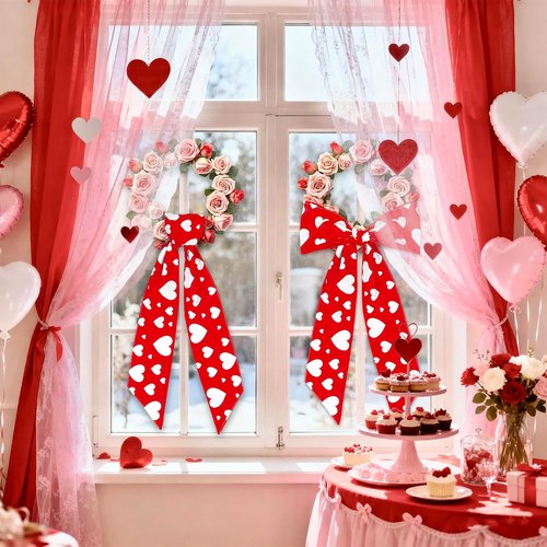 FYSUIMU Valentine's Day Wreath Sash - Red & White Heart Garland for Indoor/Outdoor Decor | 2 Pcs