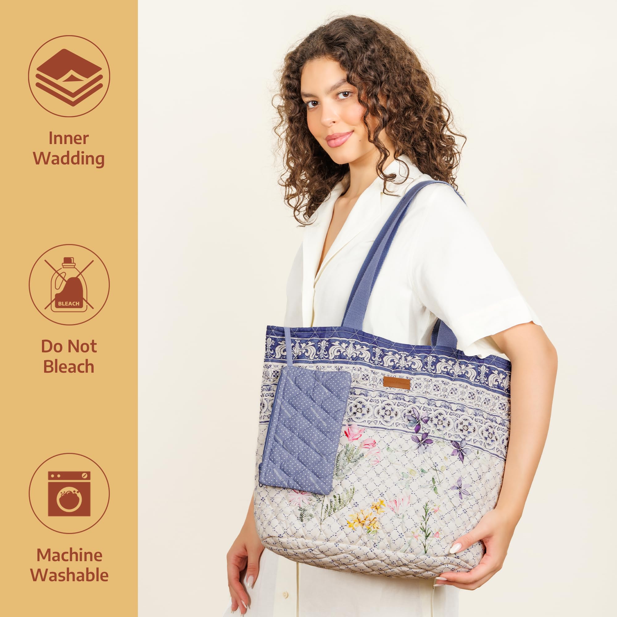 Maison d' Hermine Shopping Bags Cotton Quilted Tote Bag with Zipper Pockets & Small Pouch Reusable Shoulder Grocery Bag for Gifts Beach Travel Perfect for Mothers Day Gifts Men Women (Faience)