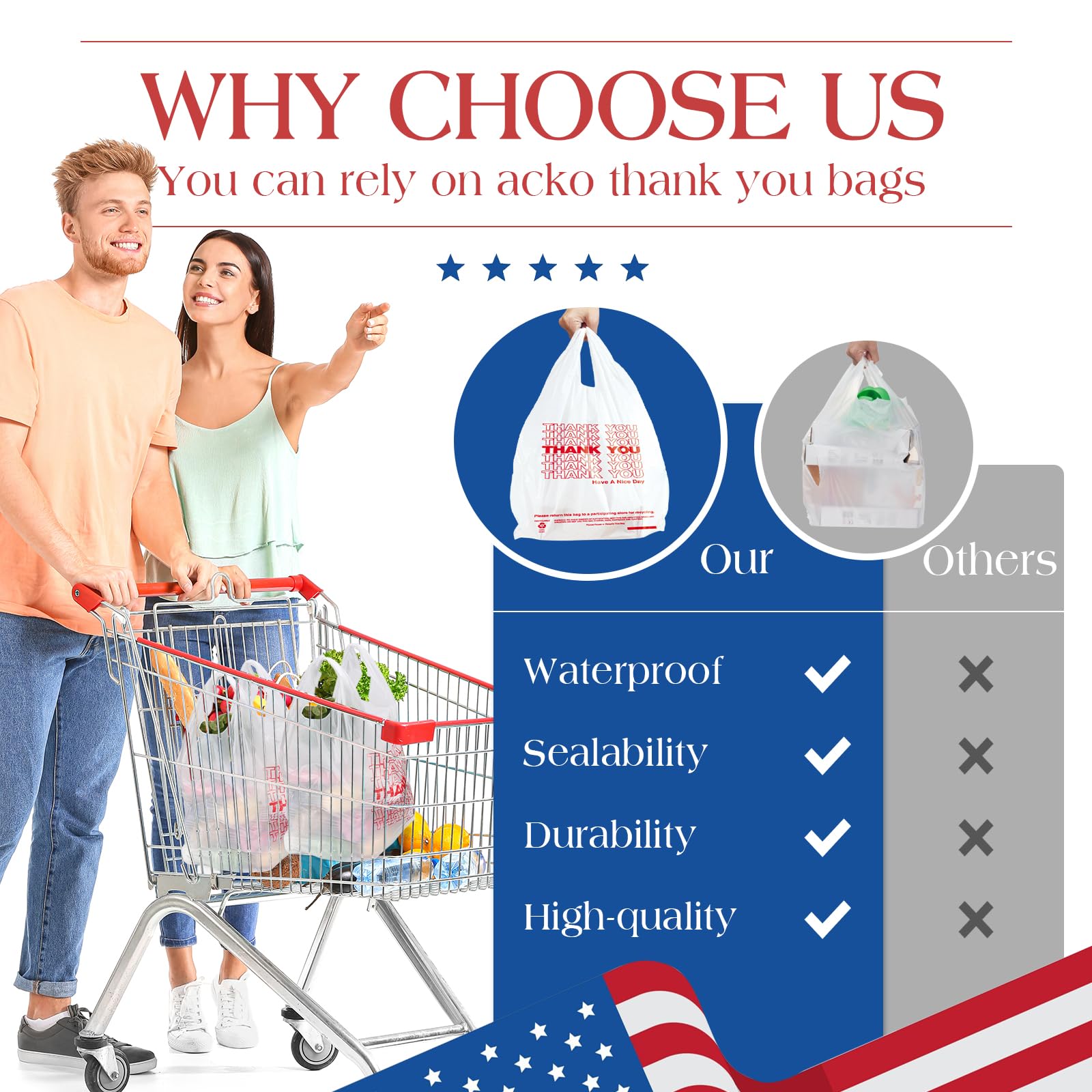 ACKO 1000 Count - Plastic T-shirt Bags with Handle, (11.5 x 6.5 x 21") 4 Gallon Thank You Bags for Grocery, Take Out, To Go, Retail Shopping Bag, Small Garbage Trash Bag for Home Office Kitchen