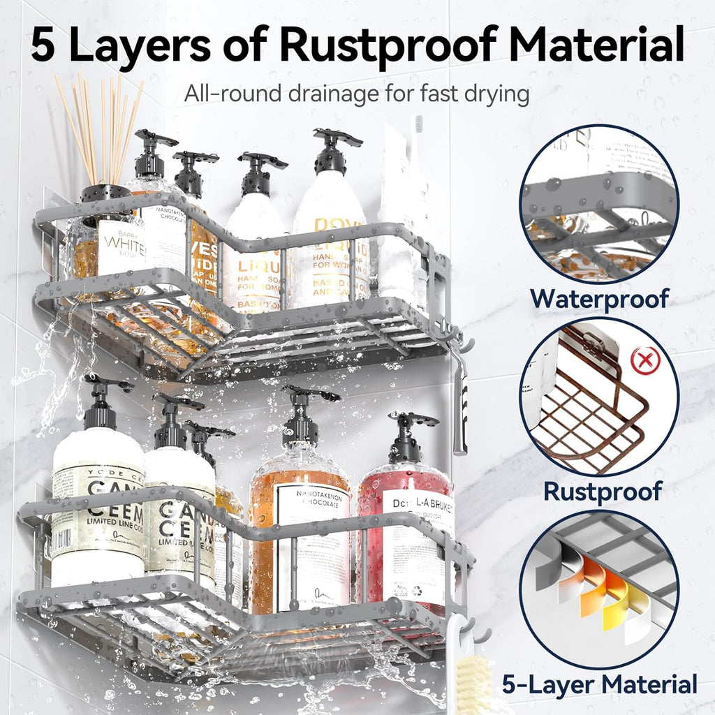 YASONIC Shower Caddy | 3-Pack Rustproof Stainless Steel Corner Shelves with Soap Holder - Grey