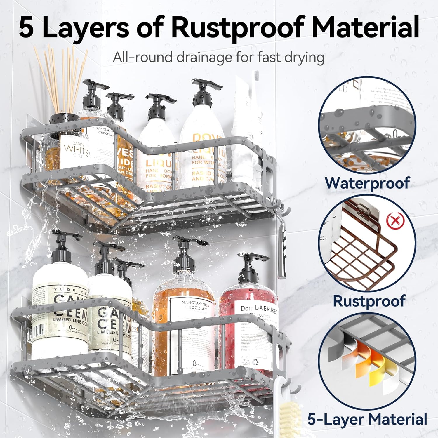 YASONIC Shower Caddy | 3-Pack Rustproof Stainless Steel Corner Shelves with Soap Holder - Grey