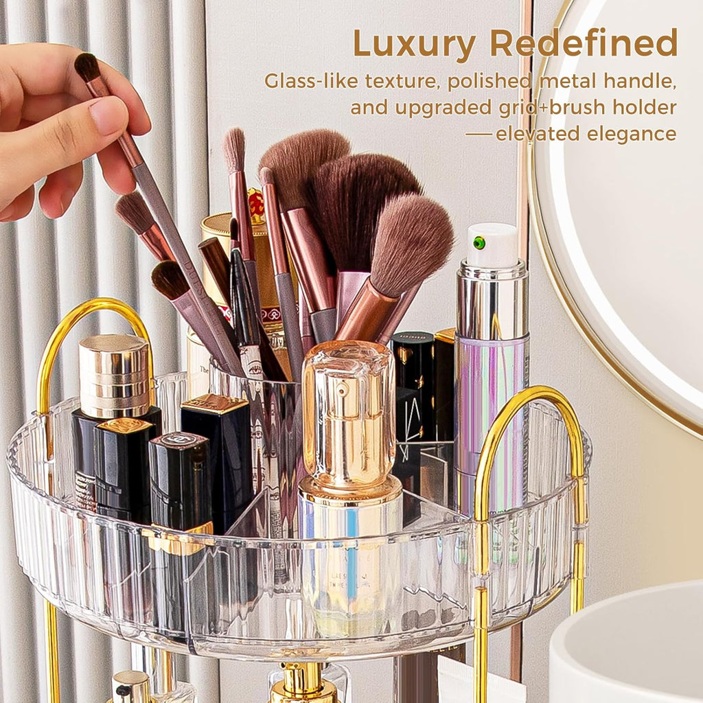 Skiennix 360° Rotating Makeup Organizer - Upgraded 3-Tier Skincare & Perfume Storage | Clear Cosmetic Dresser with Brush Holder