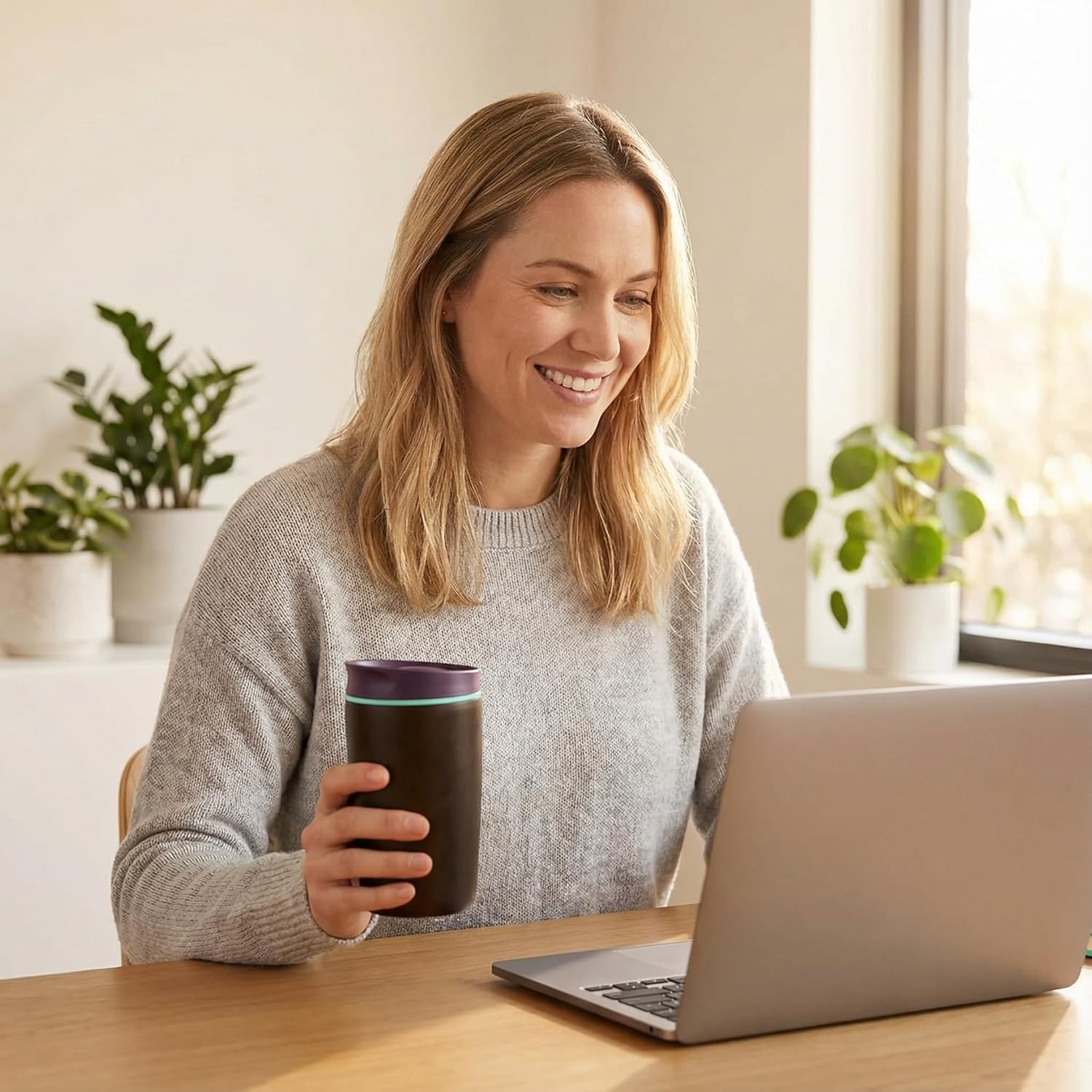 Skiennix Insulated Coffee Tumbler - 12 oz Stainless Steel Travel Mug for Hot & Iced Beverages | Black with Brown Lid