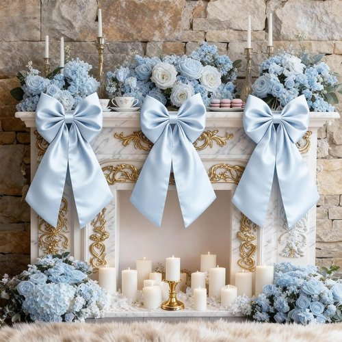 Blue Bow Decor | Large 22x11 Inch Crib Skirt with Big Bows for Christmas & Parties