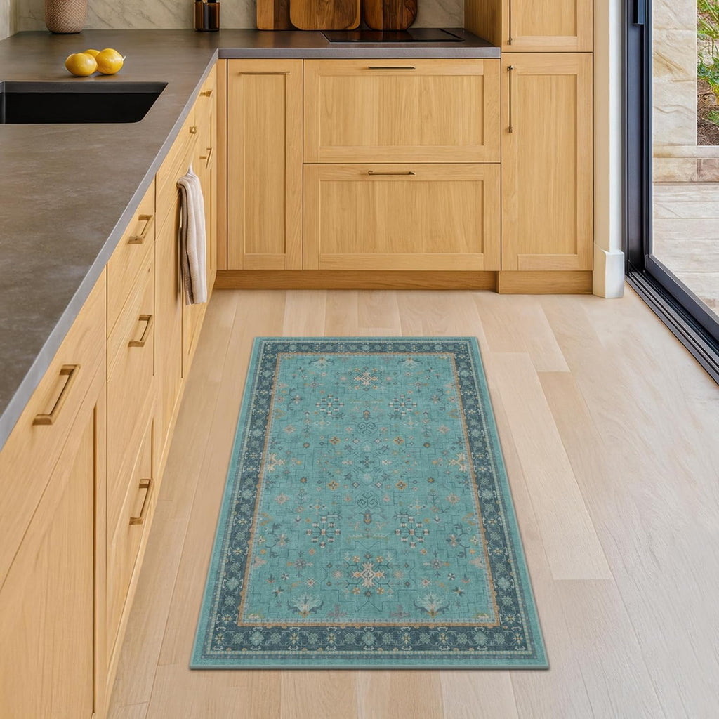 Skiennix 2x3 Washable Teal Rug - Non-Slip, Waterproof & Stain Resistant for Entryway or Kitchen