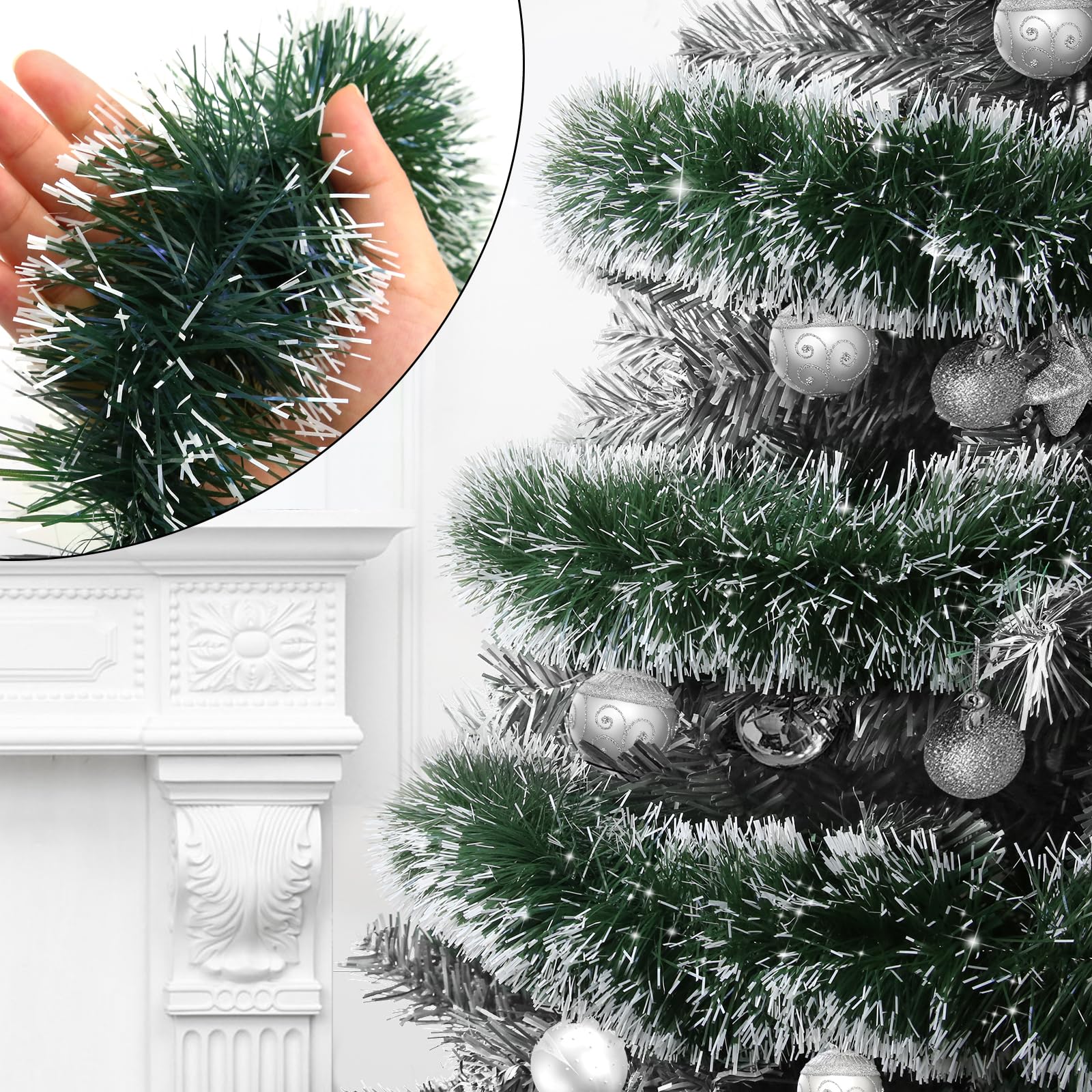 50 Ft Green Christmas Tinsel Garland Metallic Twist Shiny Hanging Garland Decorations for Christmas Tree, Xmas Decor for Holiday Home Party Supplies Indoor Outdoor Decoration