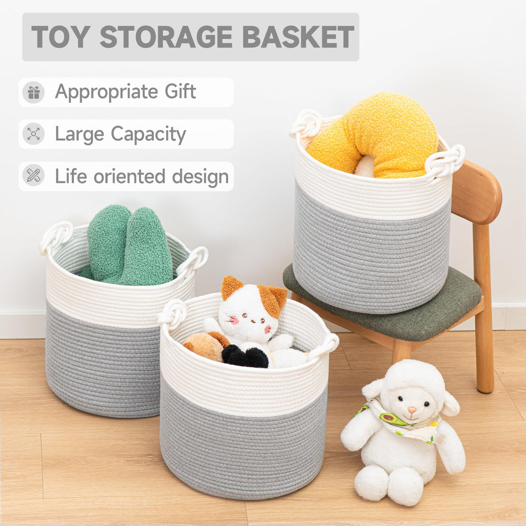 CLHMILY&Z 3 Pack Round Woven Cotton Storage Bins 11x11x11 Inch Collapsible Organizer Baskets for Cube Shelves Kids Room Closet and Home Decor Soft Durable Washable, grey