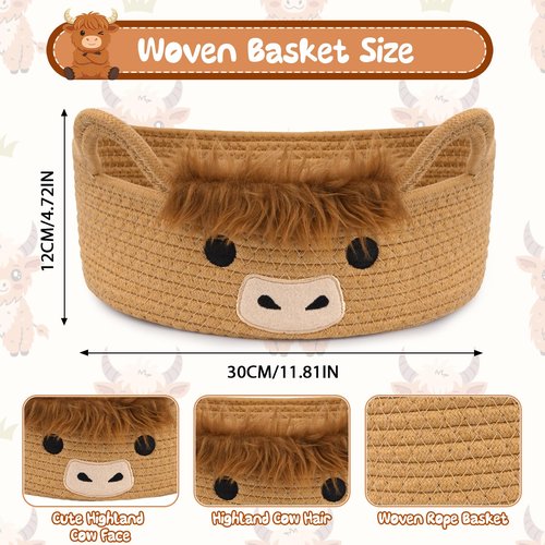 Hkojewp Oval Highland Cute Cow Basket for Nursery, Small Woven Gift Basket, Rope Cotton Storage for Gifts Empty, Baby Shower Blanket 0rganizer with Handles,Towel Decorative Bins, 12"D x 5"H in