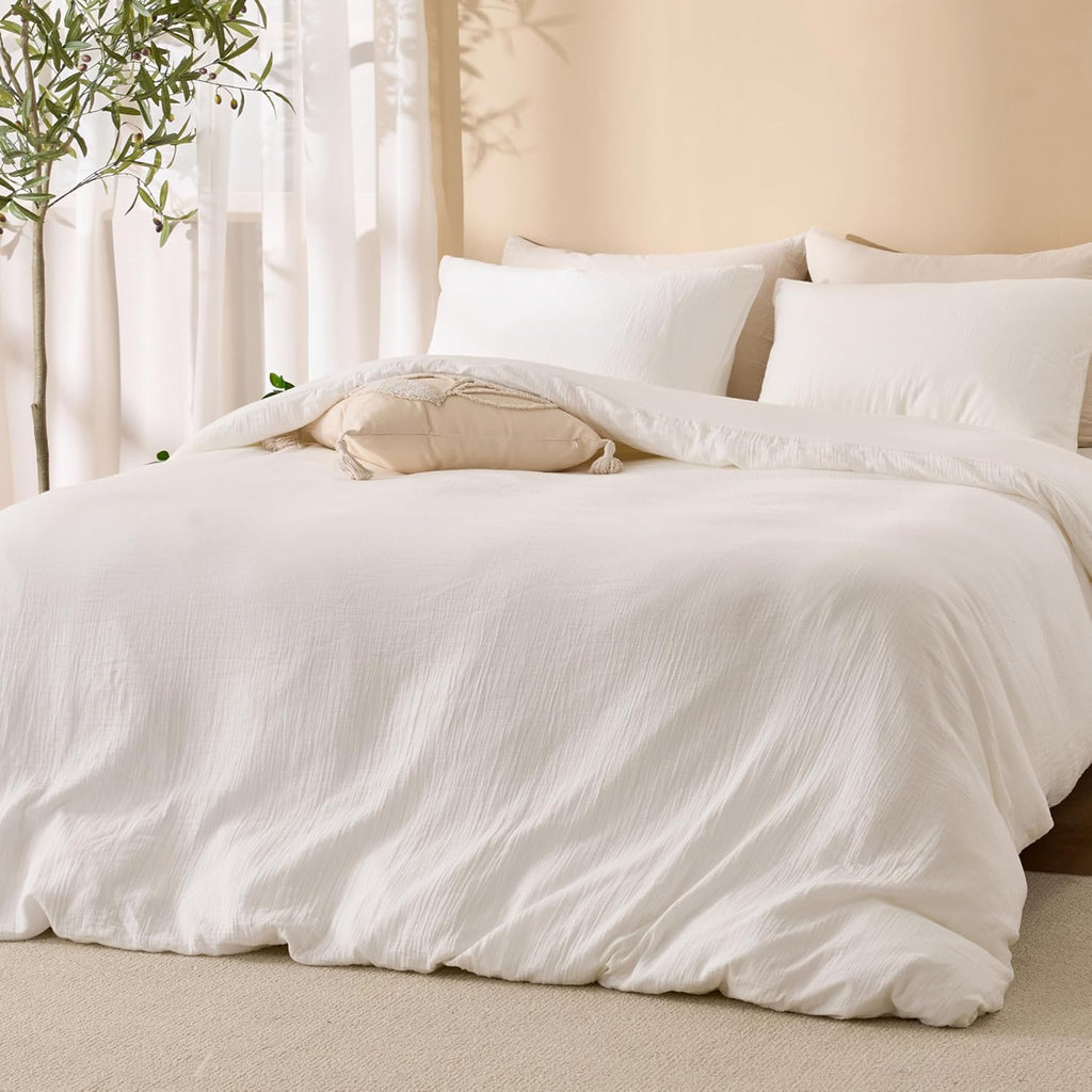 Skiennix Off White Duvet Cover Set - 100% Sandwashed Cotton, Soft & Cozy | Queen Size 90 x 90 Inches