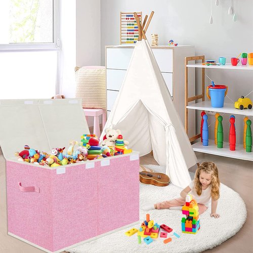 VERONLY Large Collapsible Toy Storage Box with Lid & Handles - Kids Organizer Chest for Toys, Clothes, Blankets (Pink, Nursery, Playroom, Bedroom)-24.5''×13''×16''