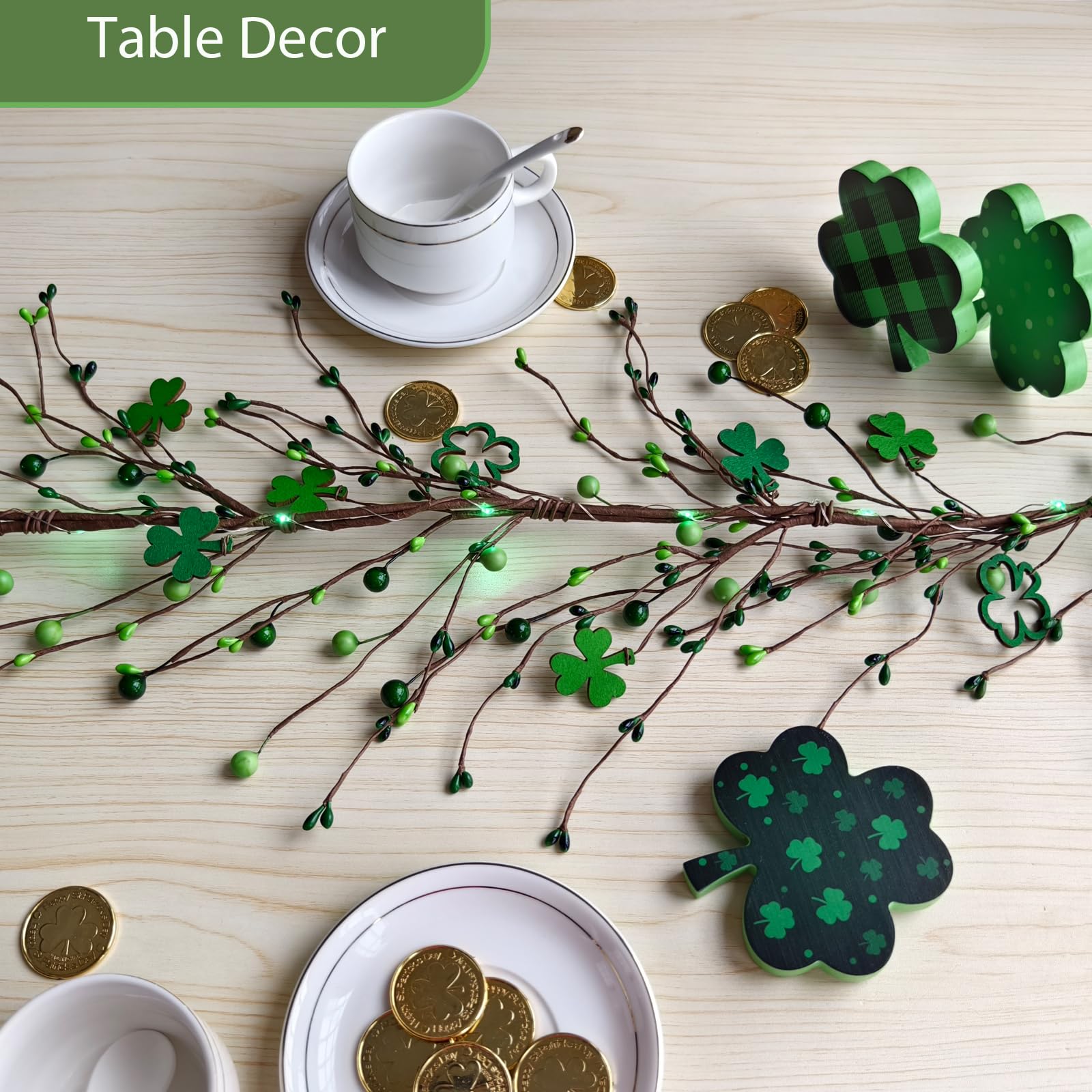 1 Pcs St Patricks Day Garland 5ft, Shamrock Garland, St Patrick's Day with Green Light, St. Patrick's Day Decorations Saint Patricks Irish Decor for Table Mantle Indoor Home