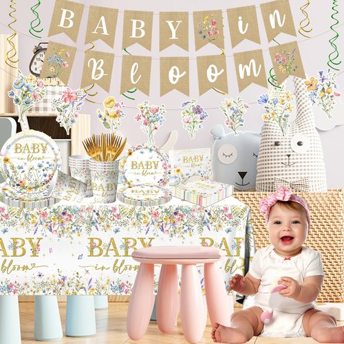 178Pcs Baby in Bloom Baby Shower Decorations-Wildflower Paper Plates and Napkins Kit Girls Floral Baby Shower Dinnerware Serves 24