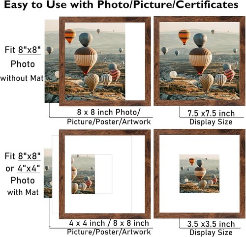 JCJMY 8x8 Picture Frame Set of 6 - Versatile Wall Hanging & Tabletop Display, Deep Brown Wood Finish