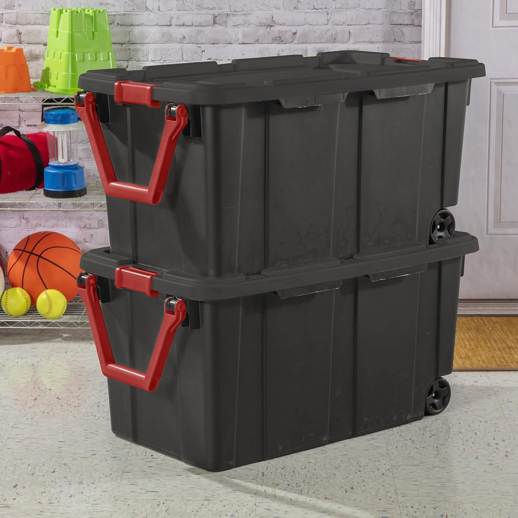 YHNNH Heavy-Duty Industrial Storage Tote - 40 Gallon Black Container with Wheels & Latches | Set of 2