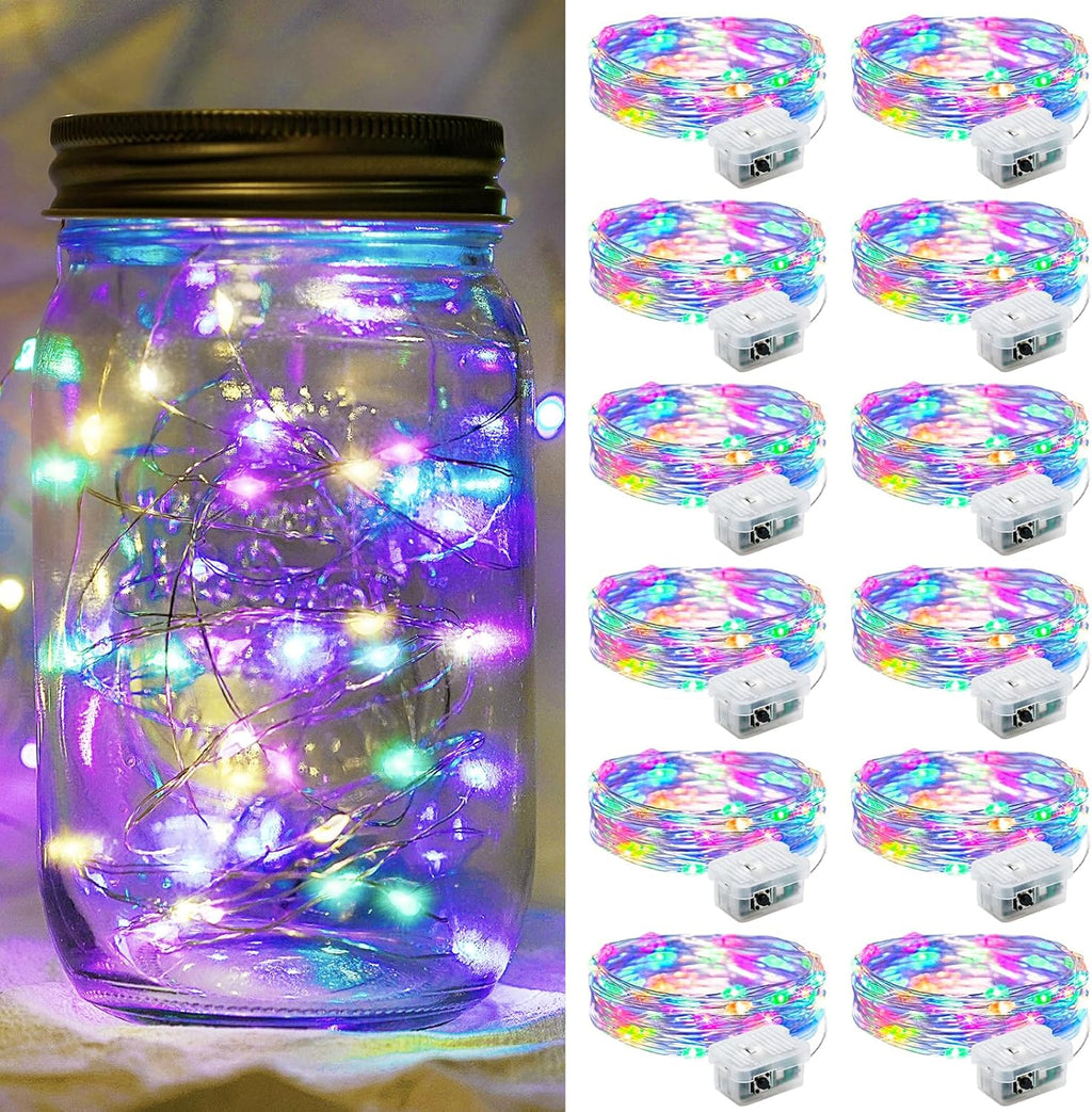 Skiennix 12 Pack Rainbow Fairy Lights - 7Ft 20 LED Twinkle String Lights | Battery Operated & Waterproof for Parties, Weddings, and Decor
