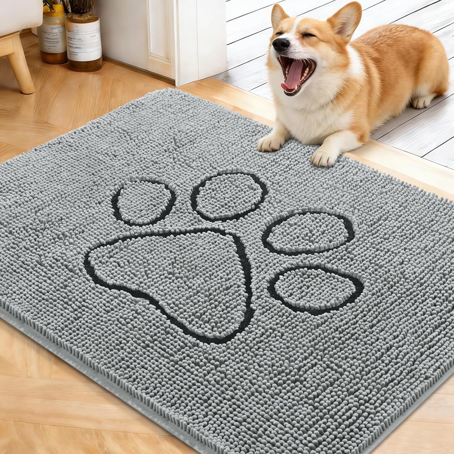 OLANLY Dog Door Mat - Absorbent Non-Slip Mud Mat for Muddy Paws | 40x32 Grey Chenille Design