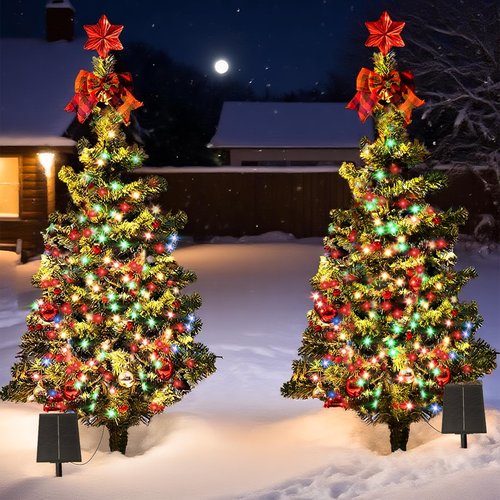 2-Pack 3.2FT Solar Christmas Tree Lights Outdoor Waterproof, 100LED 8 Lighting Modes Xmas Ball & Red Berry Outdoor Christmas Tree, Christmas Decorations Outdoor for Holiday Display Courtyard Decor