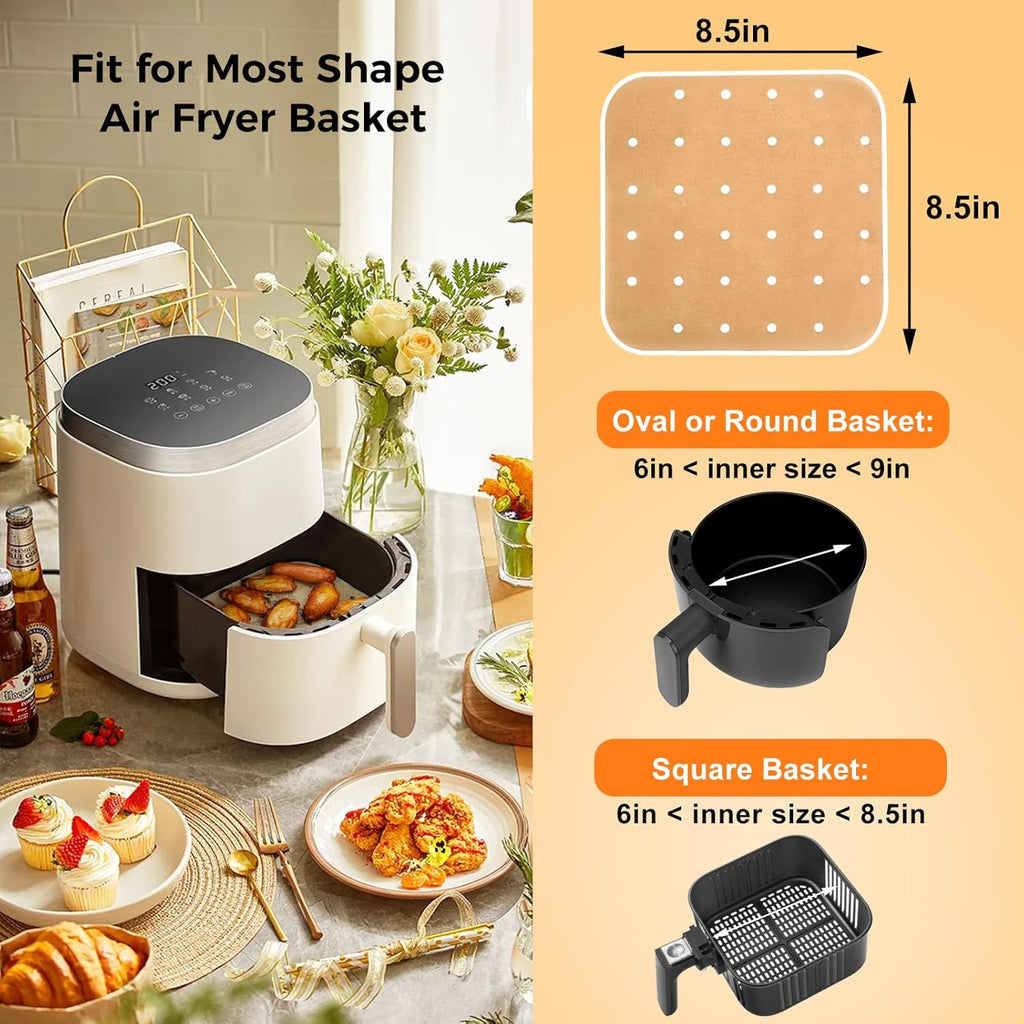 Vailnd Disposable Air Fryer Liners - 200 Pcs Unbleached Parchment Paper Sheets | 8.5" Square for 5-8 Qt Air Fryers