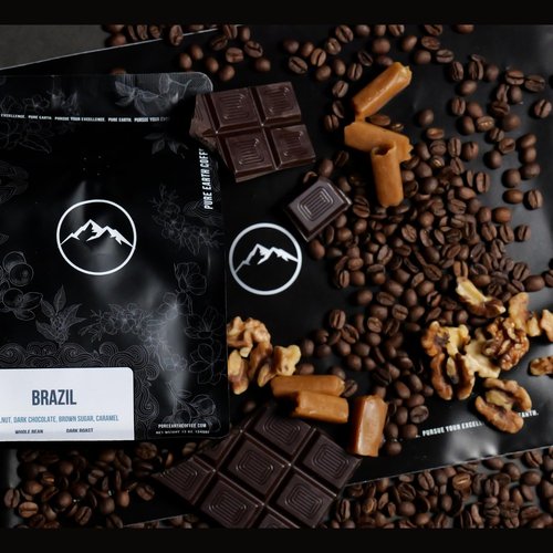 PURE EARTH COFFEE CO. Whole Bean Coffee, Brazil Single-Origin Beans, Dark Roast, Bold Gourmet Specialty Grade Coffee, Chocolate, Walnut, Bold and Smooth Flavor Notes 12oz