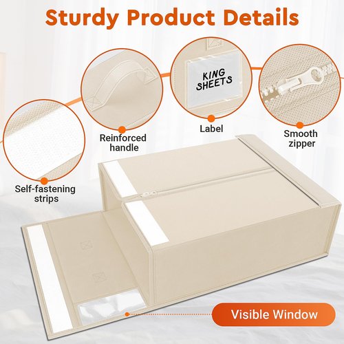 StorageTastic 4 Pack Bed Sheet Closet Organizers and Storage,Sturdy Foldable Storage Containers with Window and Label,Storage and Organization for Bedding Sheets,Duvet Covers,Blankets (Beige)