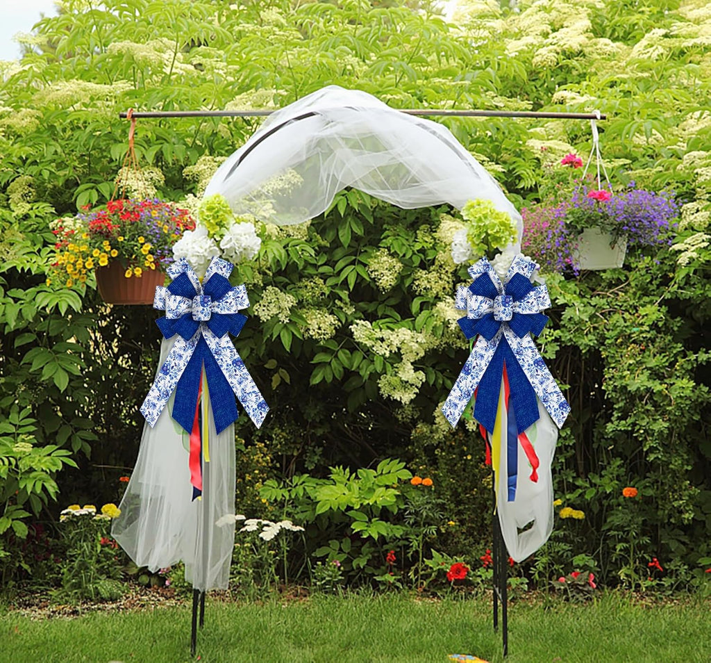Skiennix Large Blue Spring Bows - Linen Flowers Burlap Ribbon for Wreaths & Decorations