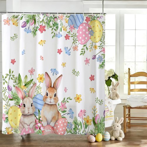 Baccessor Easter Bunnies Eggs Shower Curtain,Cute Rabbits Spring Flowers Shower Curtain Bathroom Bath Home Decor Waterproof Polyester Fabric with Hooks 72 W x72 H Inch
