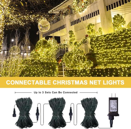 JMEXSUSS 360 LED Christmas Net Lights - Waterproof Connectable 12ft x 5ft Warm White Mesh Lights for Outdoor Bushes