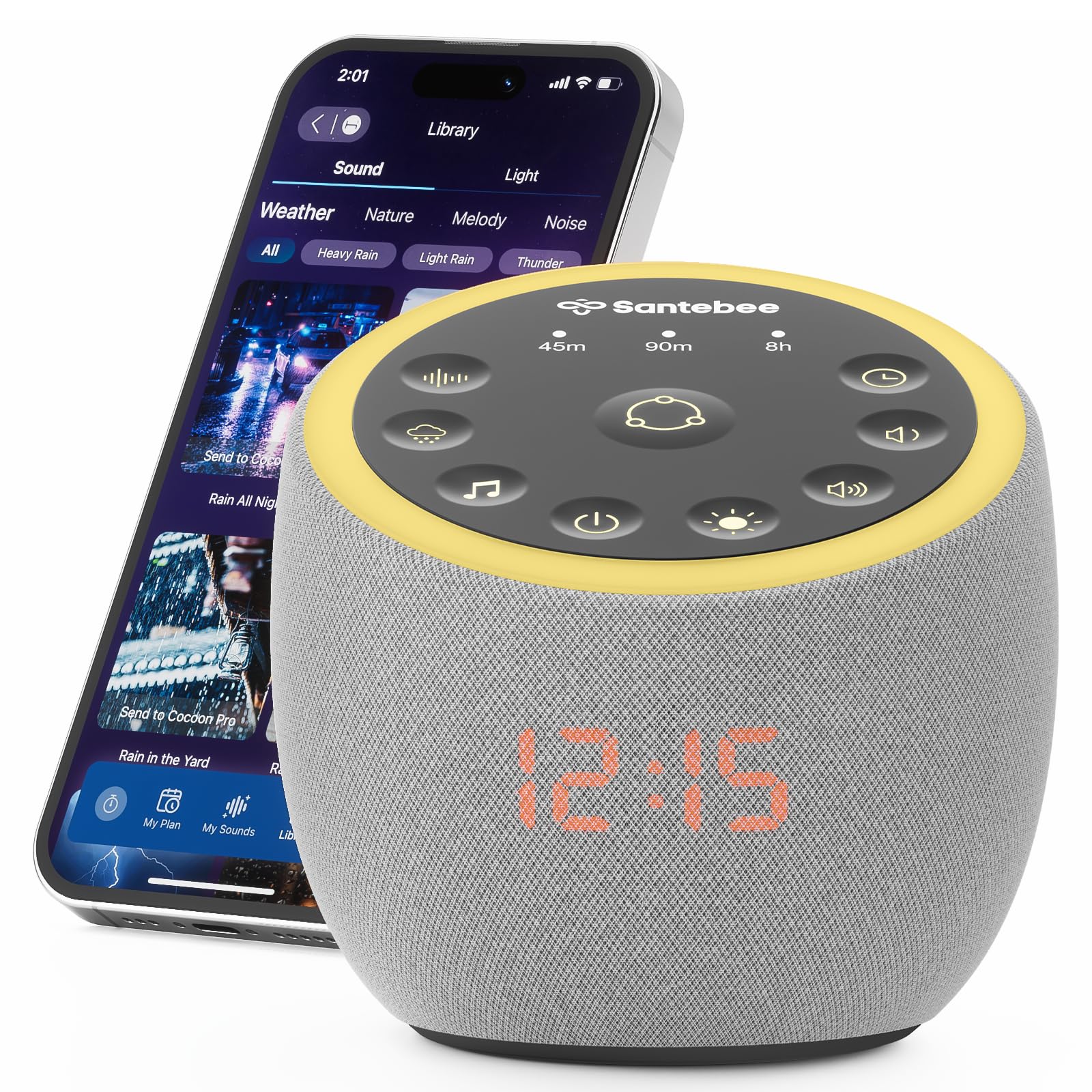 Santebee White Noise Sound Machine for Sleeping, 388 Soothing Sounds, Cocoon Pro 2 Smart APP Control, Custom Buttons Bedside Dimmable Alarm Clock Night Light, for Adults Baby Kids Lullaby