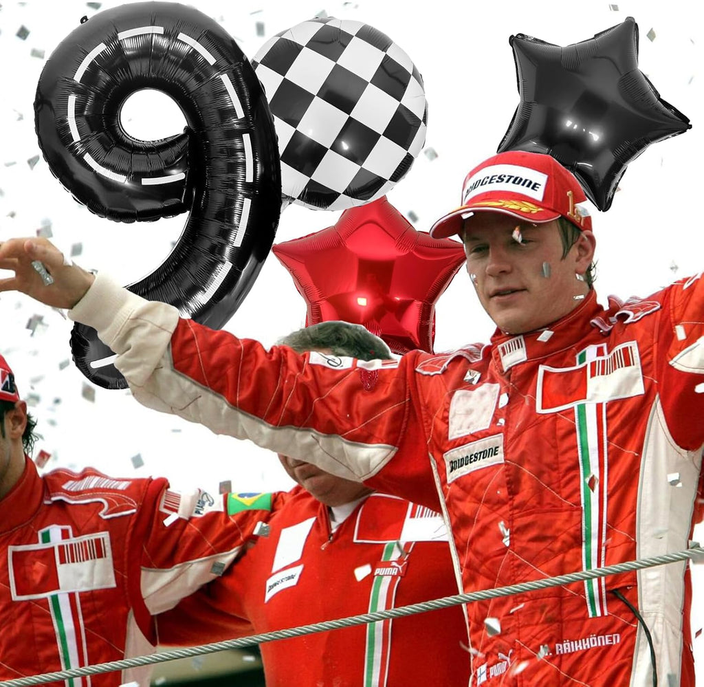 Race Car 9 Balloon - 40 Inch Checkered Star Balloon for Boys' 9th Birthday Party Supplies