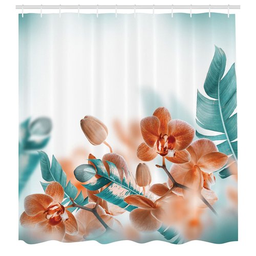 Ambesonne Tropical Shower Curtain Tropical Style Bathroom Decor Orchids Blossom Leaves on Blurred Background Floral Themed Modern Art Fabric for Bath Decor Set with Hooks 69" W x 70" L, Orange Teal