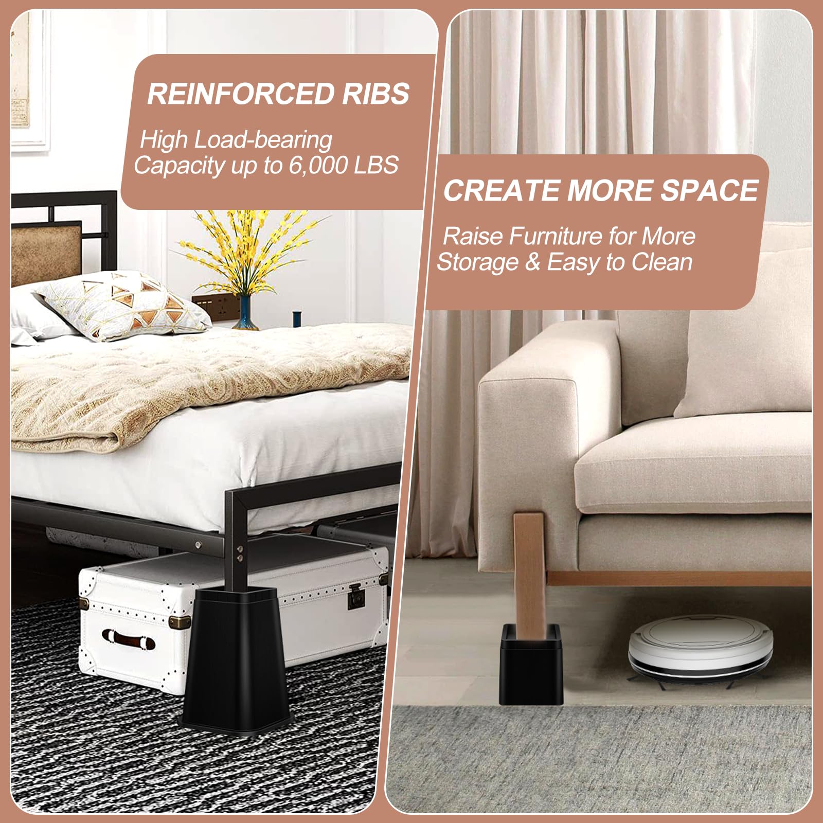 shouwuhho Bed Risers 8 Inch Heavy Duty, Furniture Risers Lifts 12" 8" 4" for Table, Desk Leg, Sofa, Couch, Adjustable Bed Frame Risers Supports Up to 6,000 Lbs, Black, 6 Pack