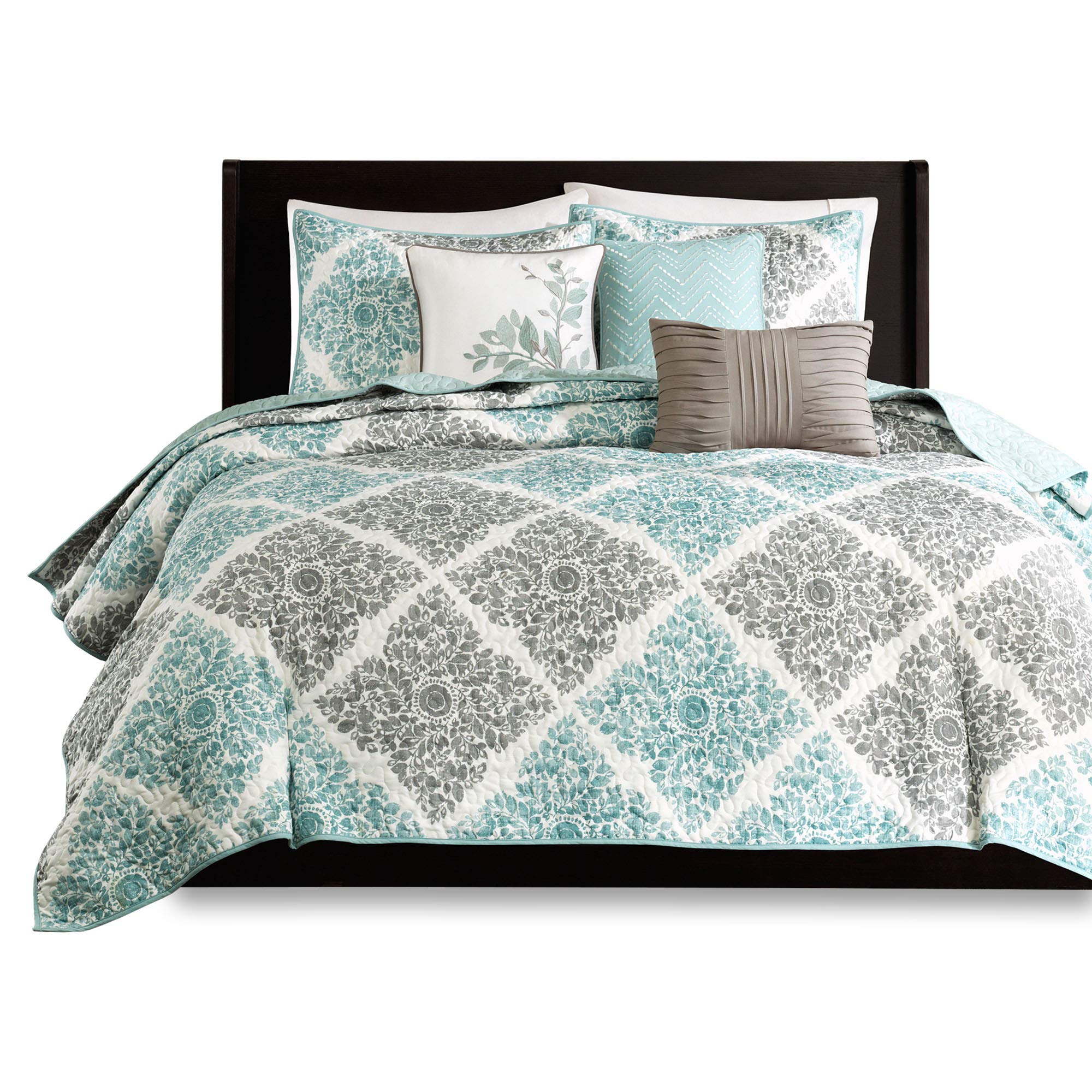 Madison Park Claire Quilt Modern Design - All Season, Breathable Coverlet Lightweight Bedding Set, Matching Shams, Decorative Pillow, Full/Queen (90 in x 90 in), Diamond Aqua 6 Piece