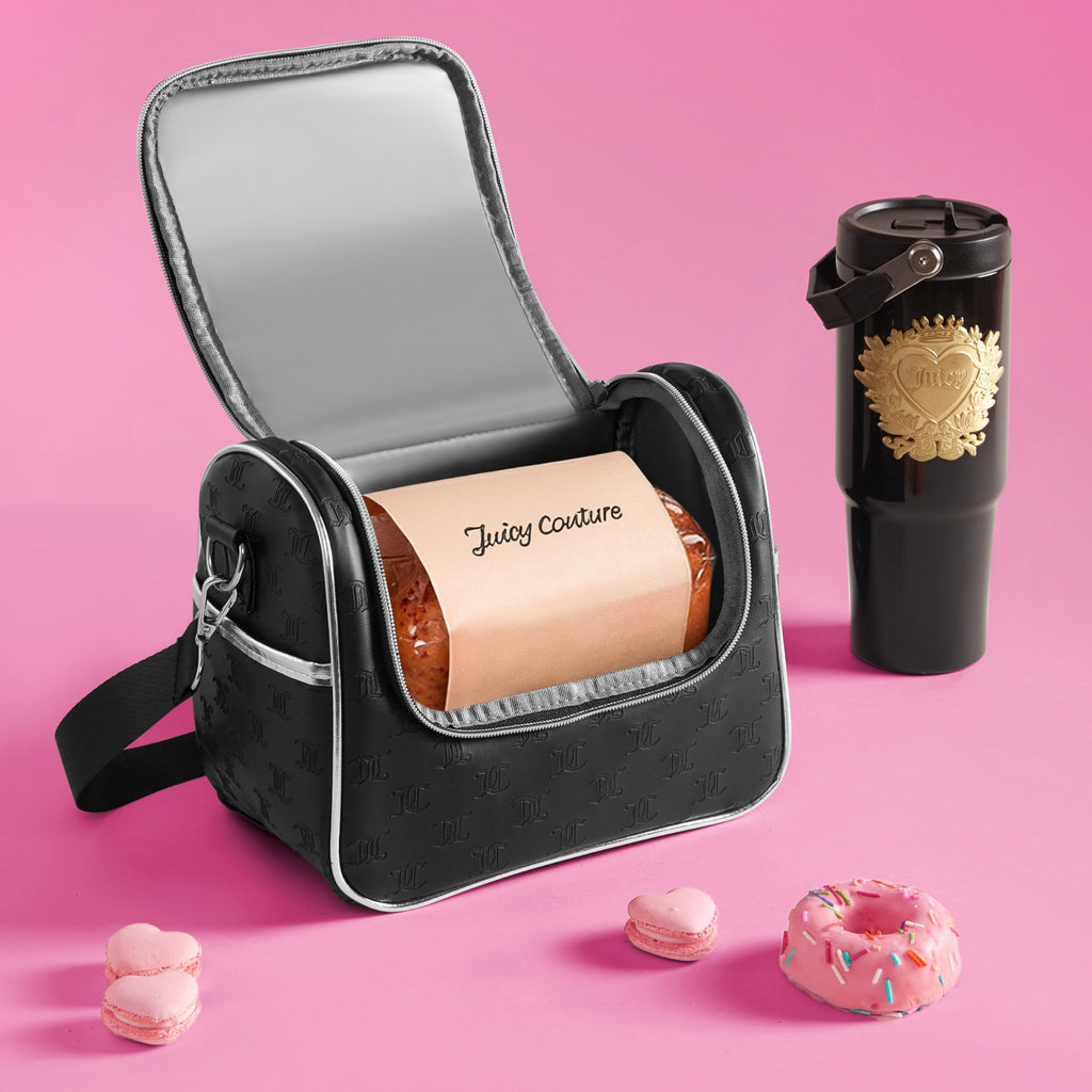 Juicy Couture Insulated Lunch Bag – Stylish Cooler Tote with Adjustable Crossbody Strap, Debossed Logo, Black – Women's Lunch Box Bag for Work, School, Travel
