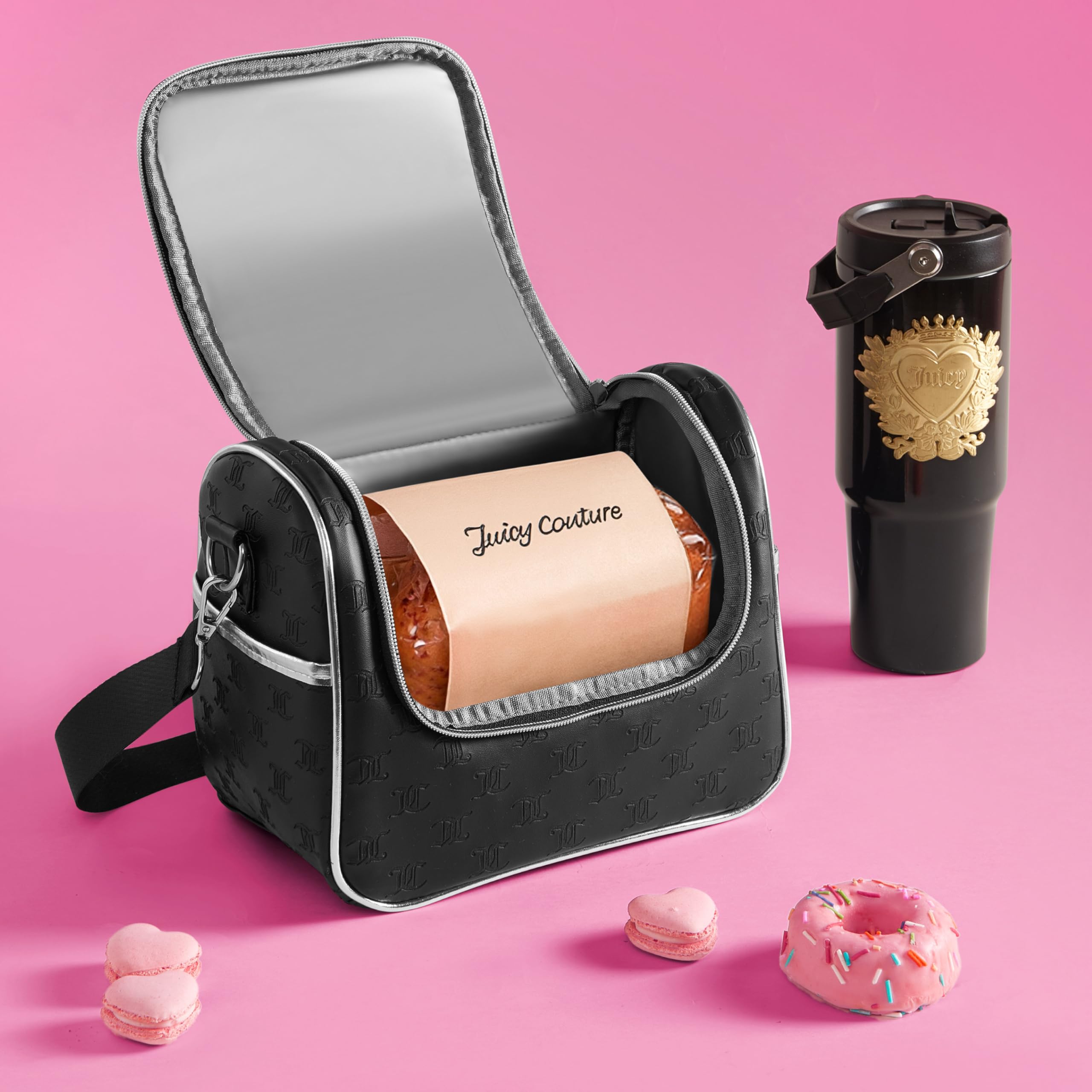 Juicy Couture Insulated Lunch Bag – Stylish Cooler Tote with Adjustable Crossbody Strap, Debossed Logo, Black – Women's Lunch Box Bag for Work, School, Travel