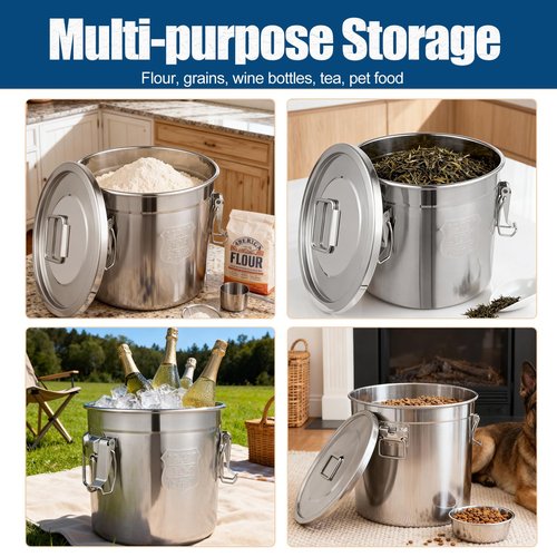 YinCukiEle 3.17Gal/12L Stainless Steel Airtight Canister, Airtight Food Storage Container with Lid and Lock Clips, 304 Stainless Steel Bucket for Rice, Flour, Grain, Coffee Bean