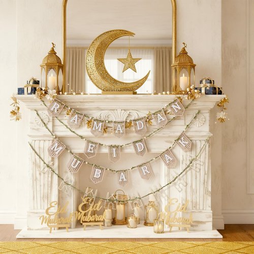 Marsui 4 Pcs Ramadan Eid Mubarak Wood Bead Garland Eid Mubarak Ramadan Hanging Banner Garland Farmhouse Wooden Rustic Neutral Hanging Decor for Party Fireplace Home Wall Sign Decoration