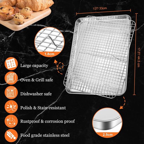 Leonyo Half Sheet Baking Pan Set - 17.5" x 13" Stainless Steel Cookie Sheets with Cooling Rack - 4 Pack
